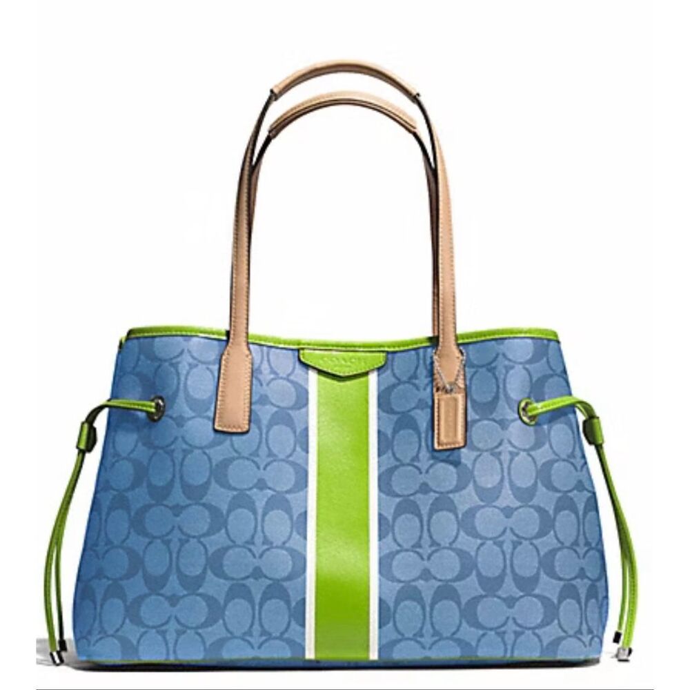 COACH  - Signature Stripe Drawstring Carryall Bag in Blue w/Lime Green Trim - Picture 11 of 14
